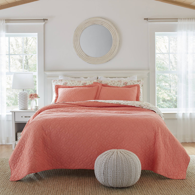 Ensemble de courtepointe réversible Laura Ashley, Courtepointe double / grand + 2 taies décoratives, Corail