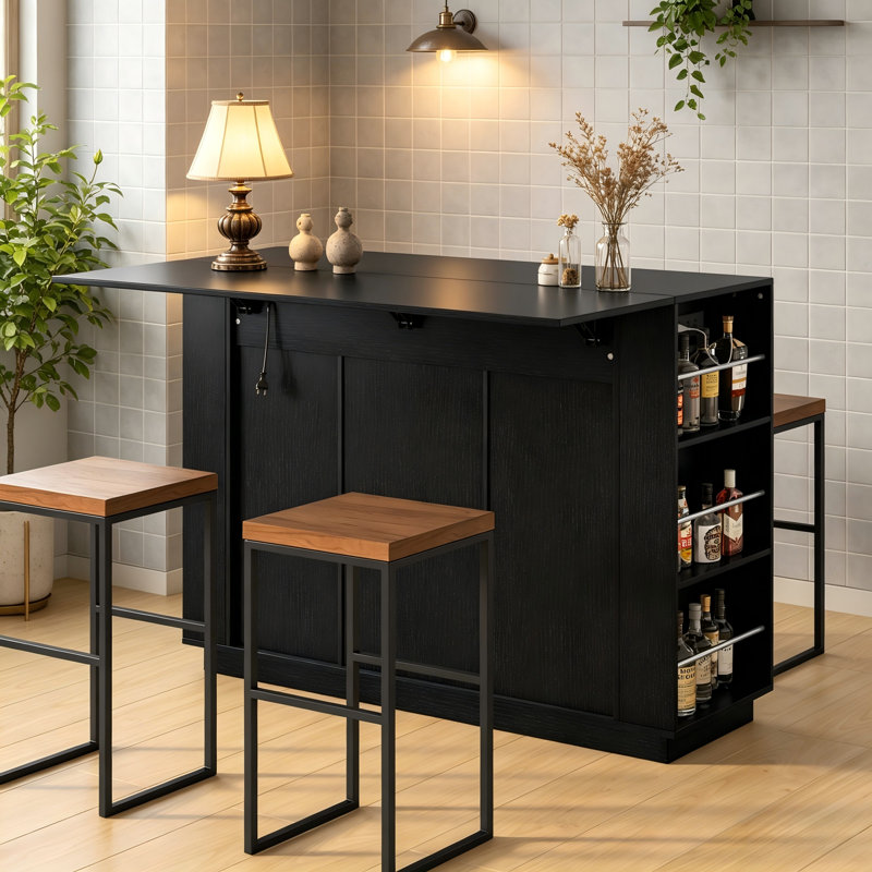Multifunctional Bar Sideboard: Two-Door Storage With Stemware Rack, Fold-Down Countertop, And Built-In Power Outlets., Black