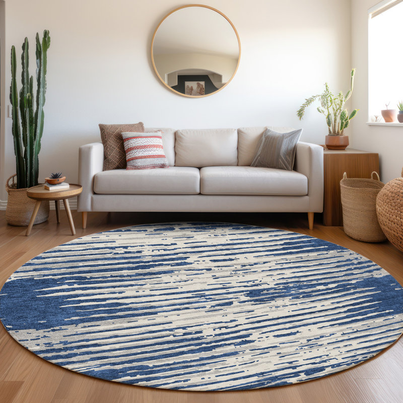 Premium Machine Washable Prisco Navy Rug, Round 8'