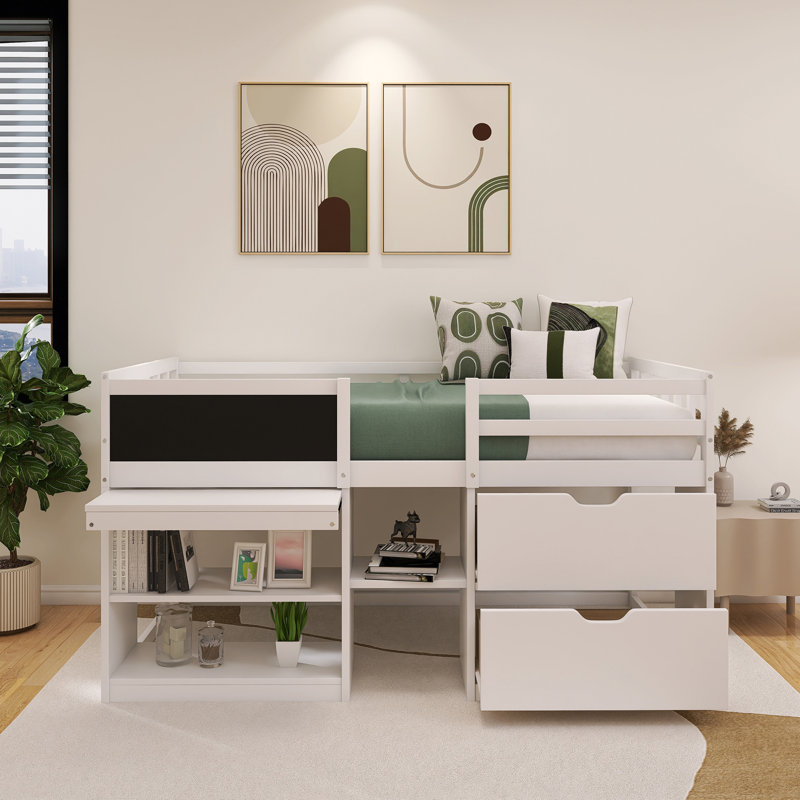 Lit mezzanine simple à structure en bois avec bureau roulant, tablette et tiroirs, Blanc