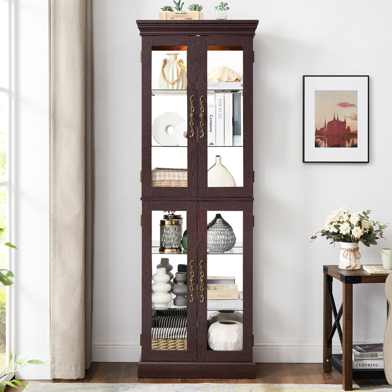 Armoire lumineuse en verre avec poignée rétro et teinte cerisier foncé - 69,35 po Tablette de cuisine haute éclairée de couleur mobile