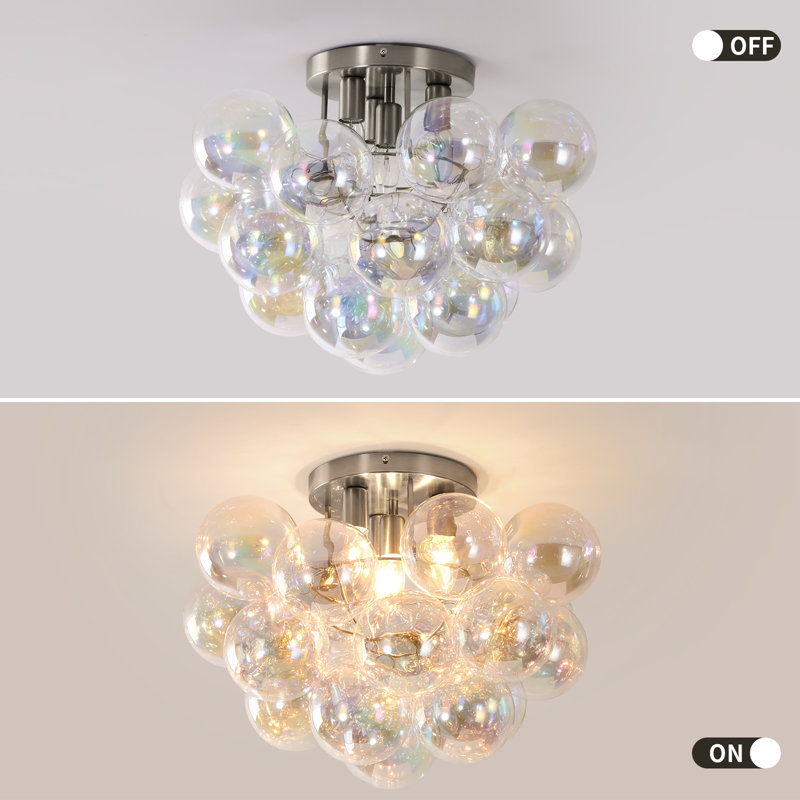 4-Light Gold Flush Mount Ceiling Light With A Cluster Of Iridescent Glass Globes, Colorful, Nickel