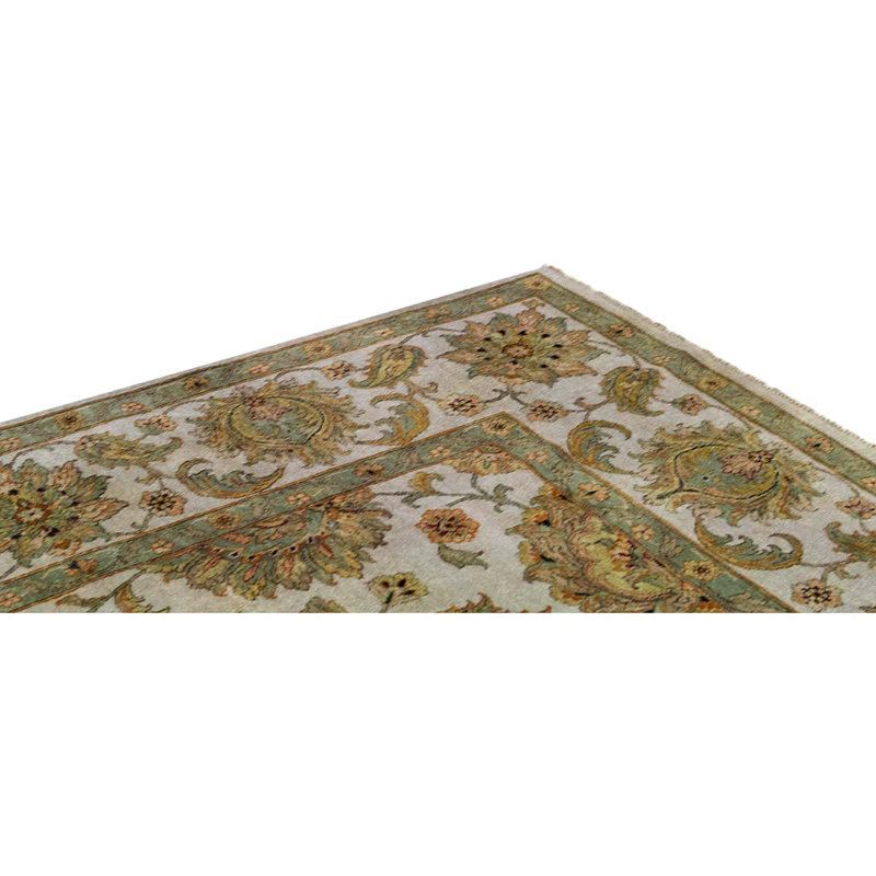 Tapis unique ivoire / vert / doré de haute qualité noué à la main One-of-a-Kind