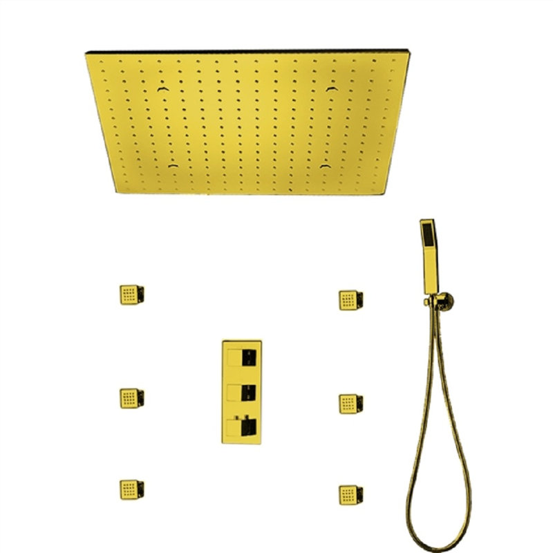 Fontana Gold Finish Square Multi-Color LED Rain Shower System with Ceiling Mount and Body Jets