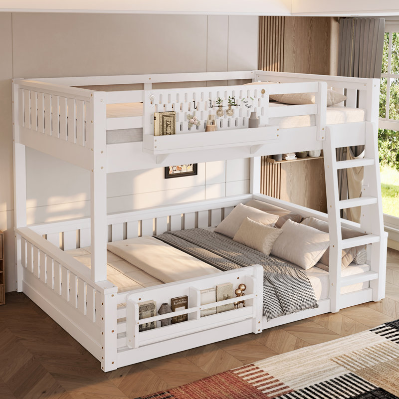 Full XL Over Queen/Full  Over Queen Bunk Bed With Ladder And Guardrails, Pegboard And Bookshelf, White, Full XL over Queen