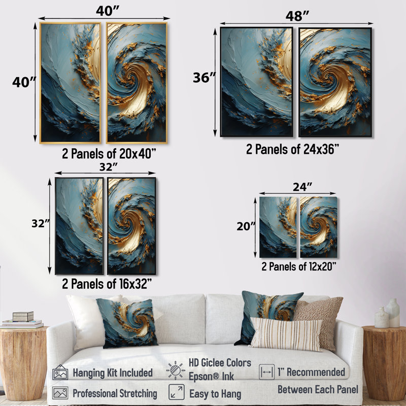 Vortex doré et bleu - 2 impressions sur toile rose moderne, Black, 36" H x 48" W, Impression encadrée flottante