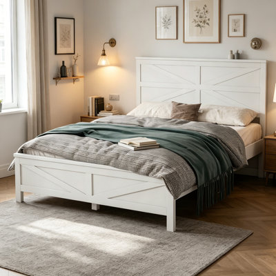 Pine Wood Platform Bed with Under Storage and Headboard, Low Farmhouse Bed Frame with Wooden Slat Support, No Box Spring Needed and Easy Assembly, White, Queen Size
