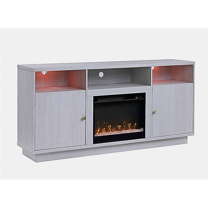 Console de meuble télé avec chauffeur, éclairage DEL, armoires, tablettes l 70 po Ambrogio, Blanc/noyer