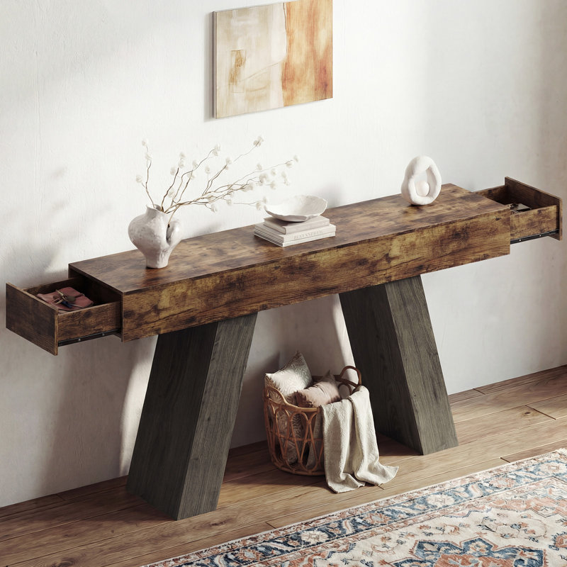 63″Wooden Console Table with Drawers–Entryway/Hallway Sofa Table, Gray, Walnut Brown