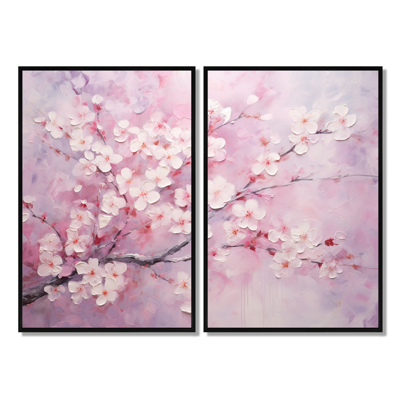 Minimalisme rose cerise Bliss Tree - Art mural floral cerisier en fleurs, 36" H x 48" W, Impression encadrée flottante, Black