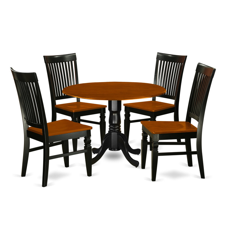 L'ensemble 5 pièces de table et chaises de cuisine comprend une table de salle à manger ronde avec Dropleaf et 4 chaises en bois massif, noir et cerise