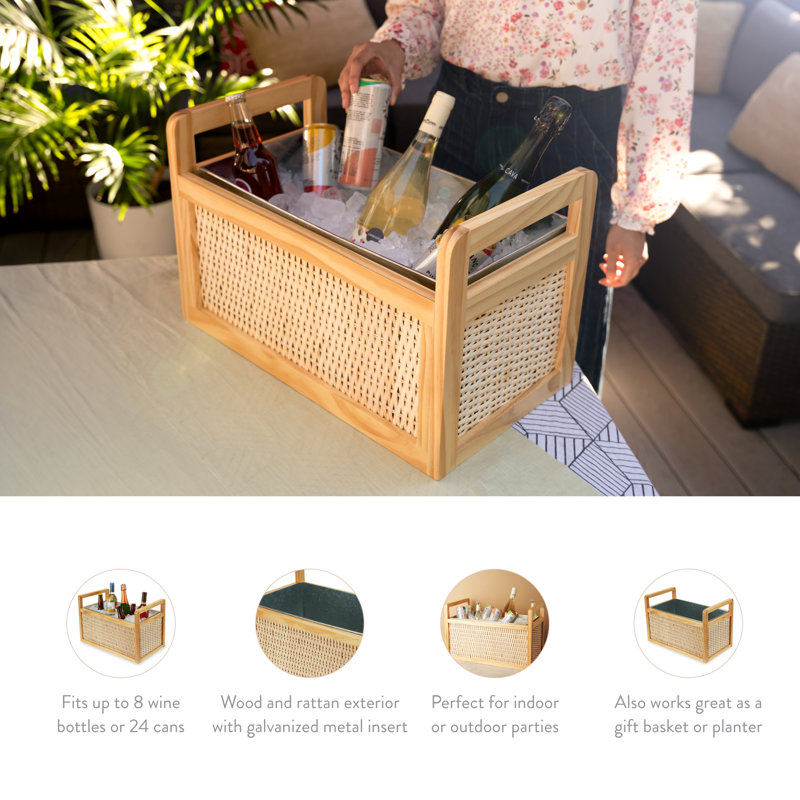 Rattan and Wood Beverage Tub with Galvanized Insert