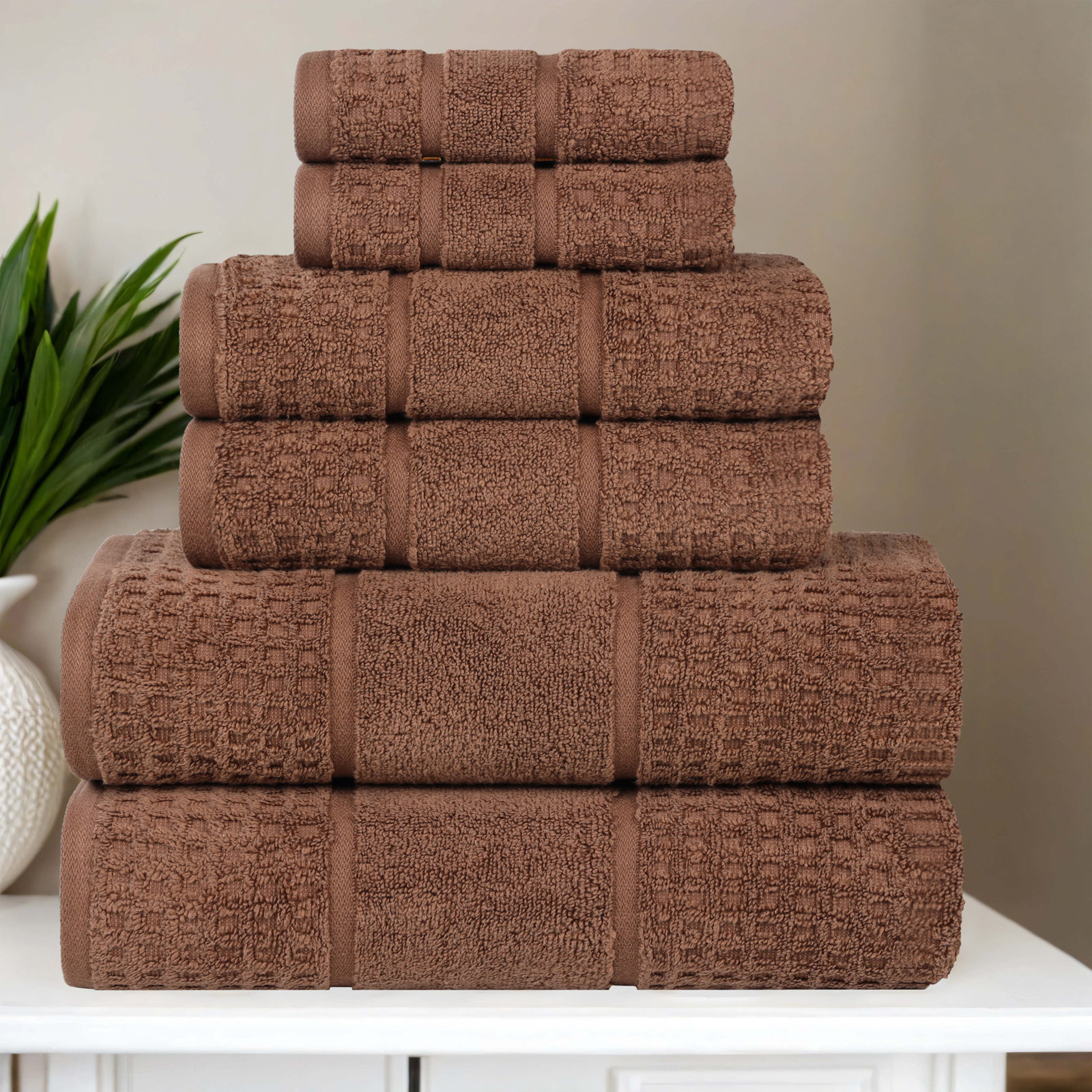 Hisela 3-Piece Waffle Cotton Towel Set, Chocolate, 6 Piece Towel Set