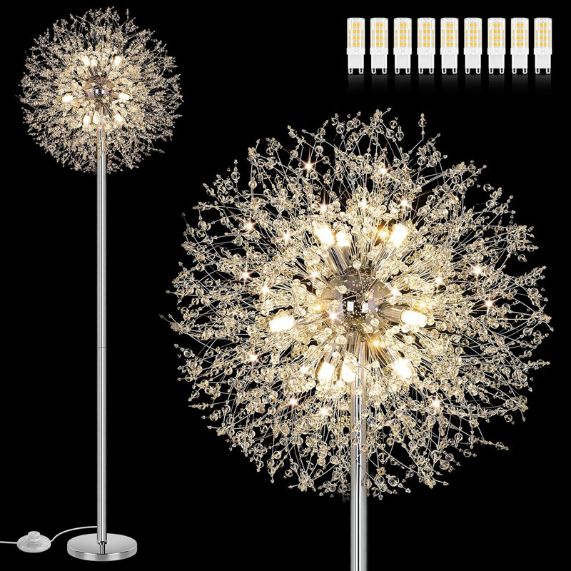 69" Crystal Floor Lamp With 738 K9 Crystals, Tall Standing Light For Living Room, Bedroom, Office, Silver