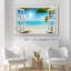 Fenêtre, paysage, palmier vert tropical, plage côtière, océan bleu, reproduction d'art sur toile-56099194