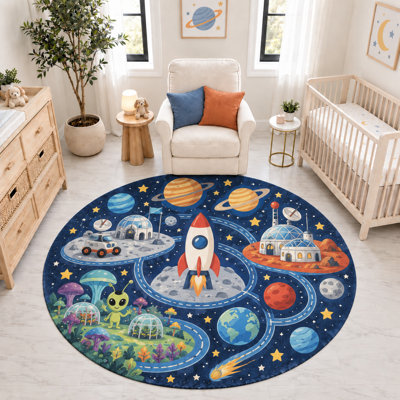 "Ultra Thin" 6' x 6' Rocket Space Station Moon Round Area Rug, Soft Low Pile Indoor Rug and Non-Slip Silicone Backing Carpet for Nursery, Kids Room and Playroom