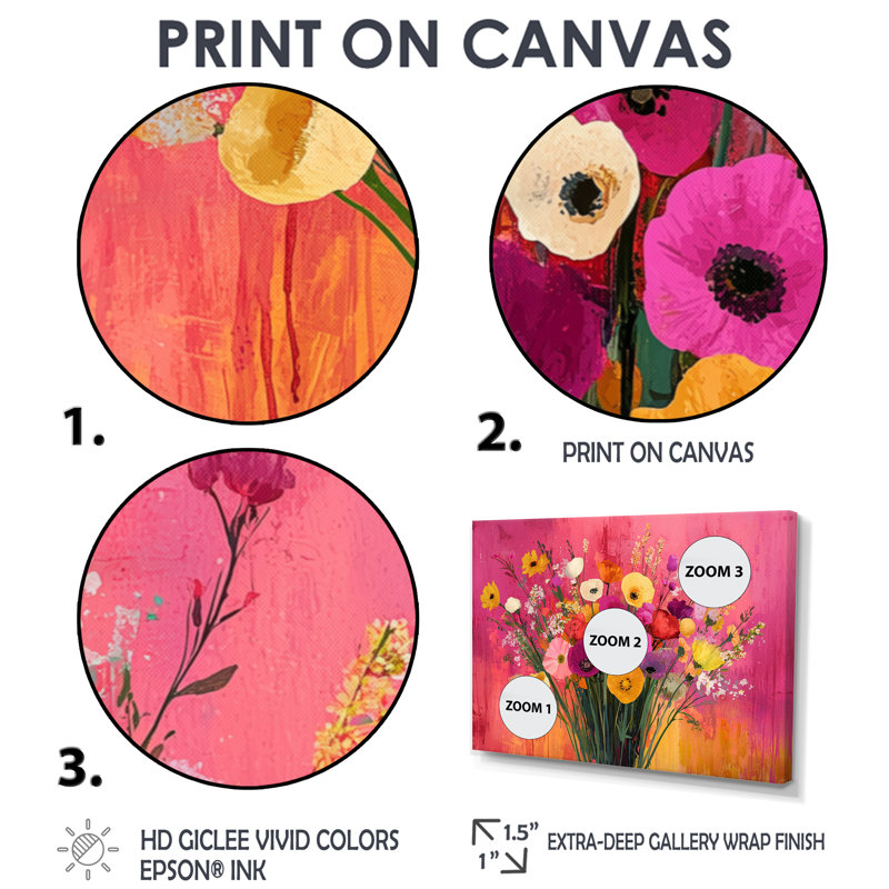 Célébration rose des bouquets assortis - Art mural assorti, H 12 po x l 20 po, Cadre simple, Noir
