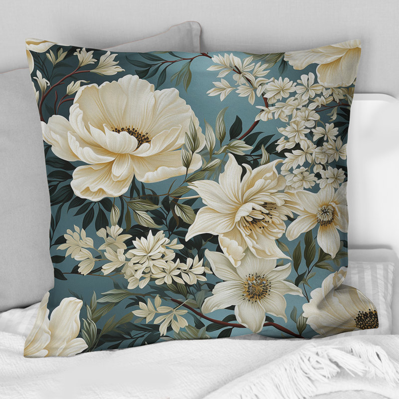 Blanc et bleu délicates fleurs de coquelicots - Coussin décoratif imprimé floral, H 16 po x l 16 po