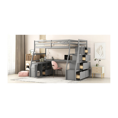 Lit mezzanine simple gris avec 7 tiroirs, bureau, 2 tablettes. Fabrication en bois de pin Style inspiré de la maisonnette. Convient aux enfants de 6 ans et plus. Pas de sommier tapissier. Mesure L 94,7 po x l 56,8 po x H 68,3 po. Taille du matelas non in