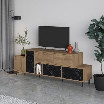 Modern TV Stand with Numerous Shelves, Oak & Black, 67.5 x 23.6 x 14.0 inches | 100% Melamine Coated Particle Board, Soft-Close Hinges | Stylish Design for Living Room & Entertainment Spaces, Durable & Elegant