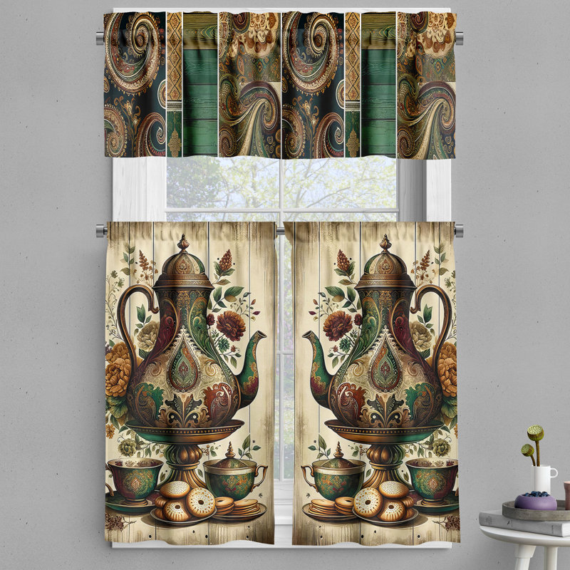 Vintage Teapot and Floral Print Kitchen Curtain Set