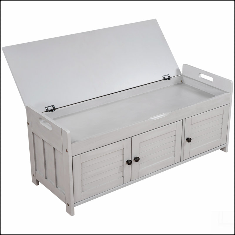 Banc de rangement avec 3 portes en forme de volet, banc à chaussures avec coussin amovible et rangement caché