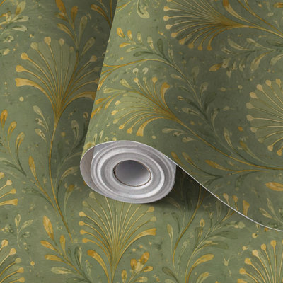 Papier peint adhésif à peler et coller Art déco Golden Fan vert olive auto-adhésif et amovible 17,7 po x 118 po (45 x 300 cm)