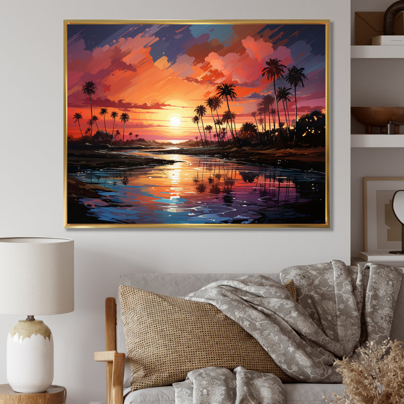 «Palm Trees Abstract Landscape III», reproduction sur toile, H 12 po x l 20 po x P 1 po, Cadre flottant doré