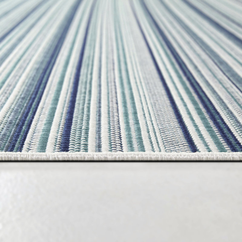 Tapis intérieur / extérieur rayé sarcelle Huxley, Rectangle 7 pi 10 po x 10 pi