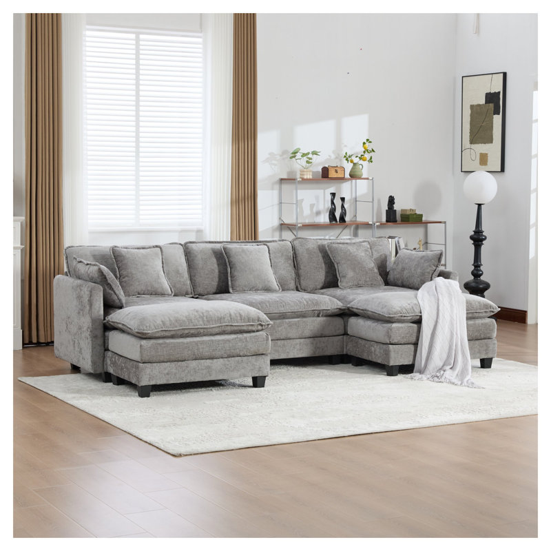 Canapé modulaire moderne à 3 places en chenille nuage gris avec dossier rembourré pour espace de vie principal, Gris