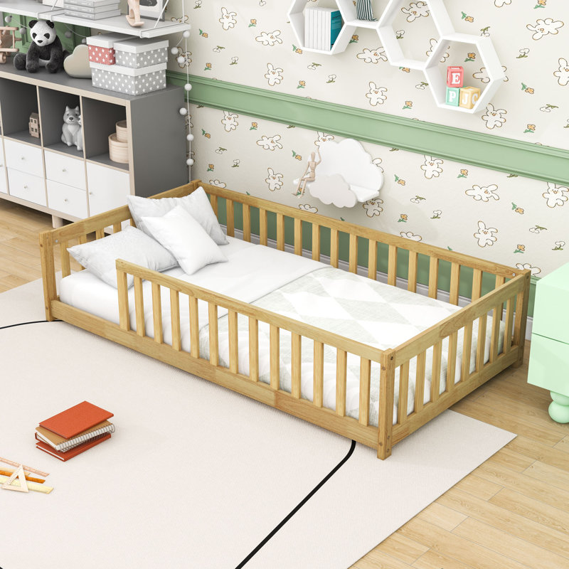 Twin Wood Floor Bed With Fence And Slats, Natural