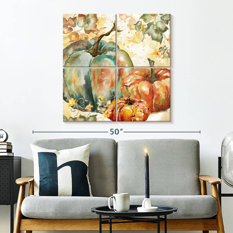 Yarlin, récolte d'aquarelle bleu sarcelle citrouilles I, H 32 po x l 32 po