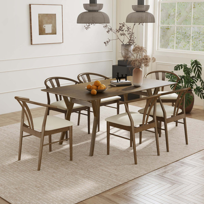 Ensemble de salle à manger moderne 7 pièces, table à manger en bois à 4 pieds avec 6 chaises triangulaires, Walnut Brown
