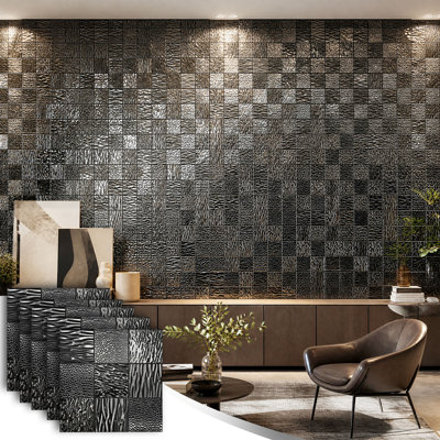 Paquet de 5 panneaux muraux 3D en métal 12 po x 12 po, tuiles décoratives texturées en acier inoxydable, panneaux muraux réfléchissants pour bar à la maison, salle de jeux, studio, décoration murale