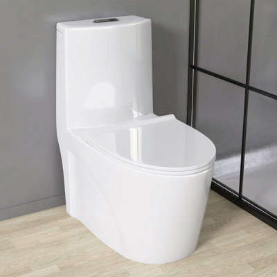 Toilette une pièce avec hauteur de confort et siège à fermeture douce, toilette à double chasse puissante 1 / 1,6 GPF, toilette standard pour la salle de bain, surface en vitrocéramique à nano-vitrage, pleine jupe