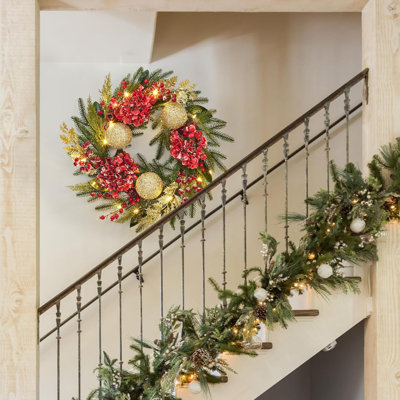 Couronne rouge et or 24 pouces - 20 DEL, 8 modes, minuterie et résistant à la décoloration pour porte ou mur
