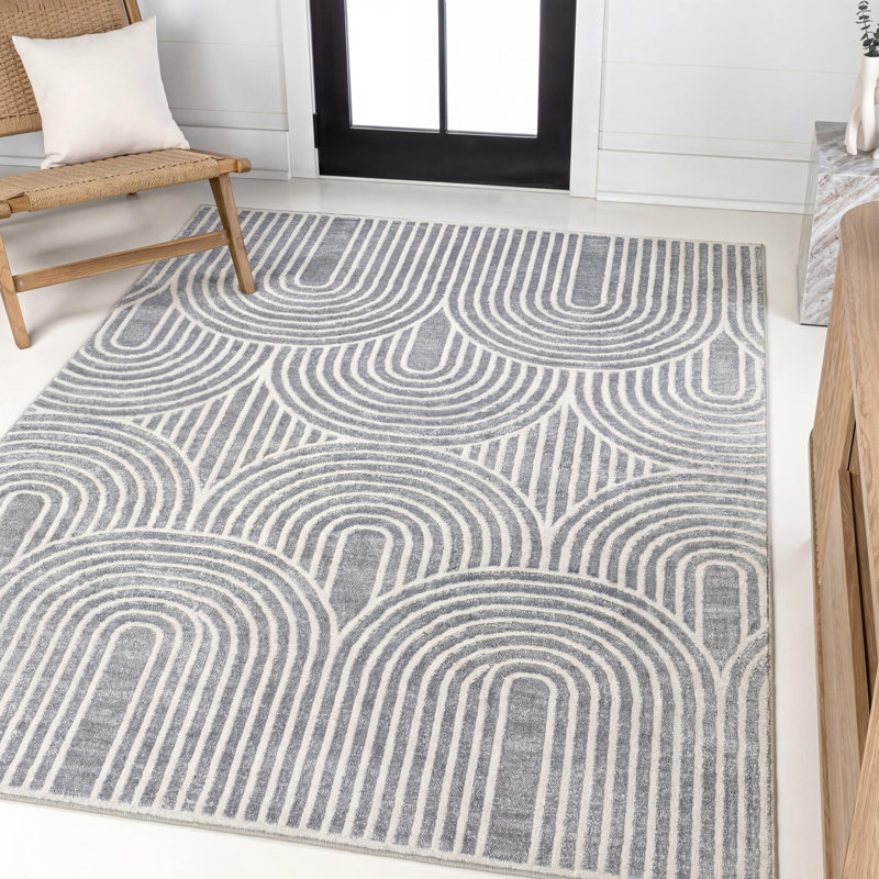 Megane MidCentury Art Deco Striped Arches Two-Tone High-Low Blue/White Rug, Rectangle 3'11" x 6'