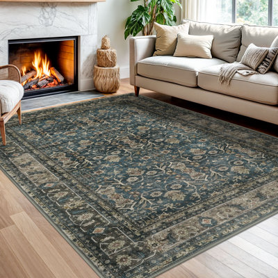 Machine Washable Area Rug Soft Vintage Floral Tribal Rugs with Non-Slip Backing for Bedroom Living Room