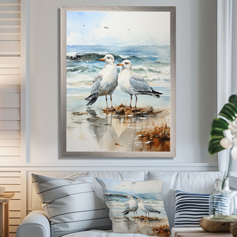 «Abstract Beach Seagulls In Love - Art mural de mouette pour le salon, H 44 po x l 34 po x P 1,5 po, Cadre flottant brun