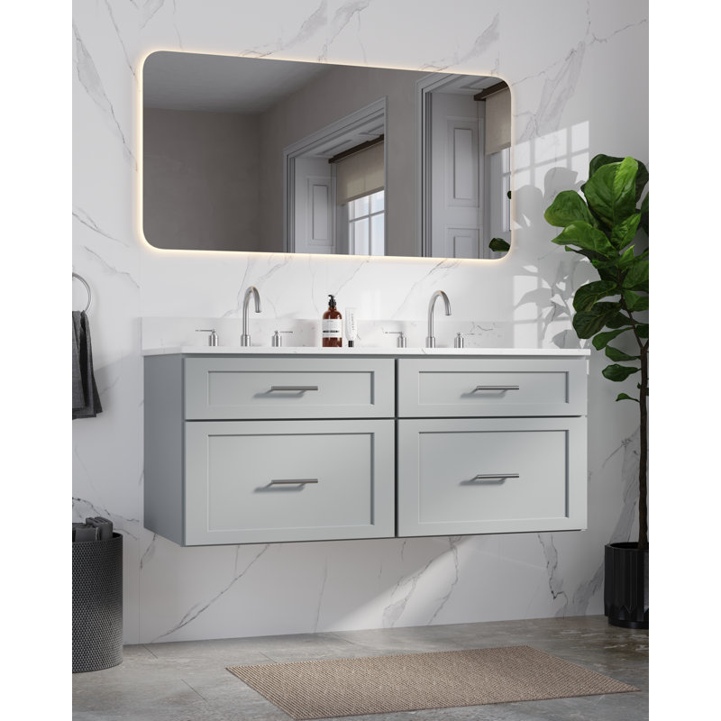 Meuble-lavabo double mural 48 po avec comptoir en quartz Carrara, Gris