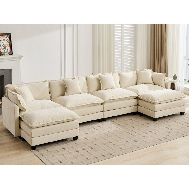 Schmucker U Shaped Modular Sectional Sofa, Oversized Cloud Couch With Ottoman, Beige Chenille, 33" H x 149.6" W x 35" D