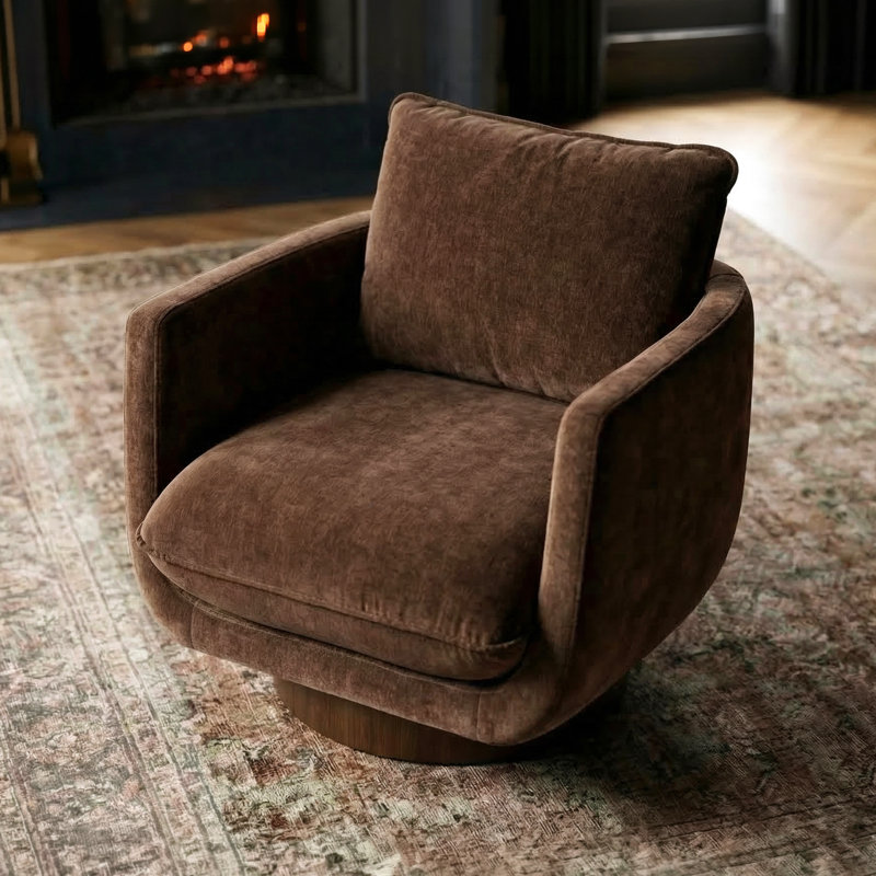 Carla 360 Degree Chenille Velvet Swivel Lounge Chair With Walnut Base, Bronzer Brown