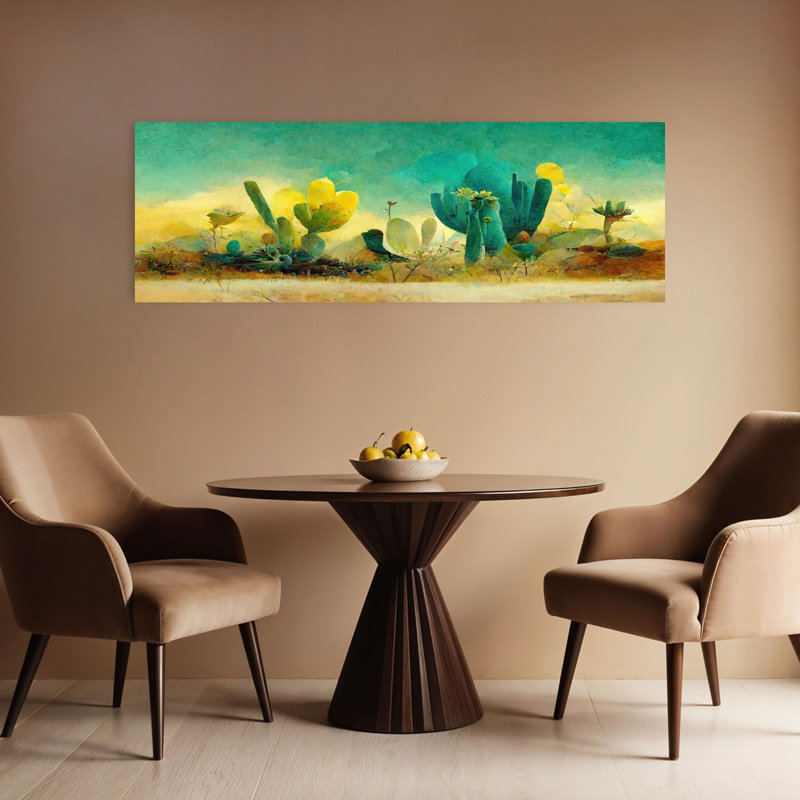 Paysage désertique abstrait coloré, cactus vibrant, paysage, nature, art mural, H 16 po x l 48 po