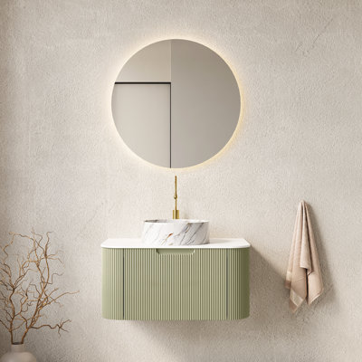 Meuble-lavabo de 30 po avec lavabo, tiroir à rayures 3D, lavabo rond en céramique blanc, pré-assemblé, comptoir de dureté, glissières de tiroir à fermeture en douceur