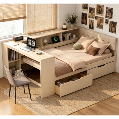 Lit plateforme en bois pleine grandeur avec tablettes de rangement, tiroirs, station de charge et tête de lit tapissier, crème