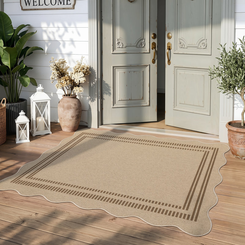 Scalloped Easy Jute Area Rugs, Tan/Checkered Indoor Outdoor Patio Rugs, Washable Geometric Dining Room Carpet for Backyard Office, Oeko-Tex Certified