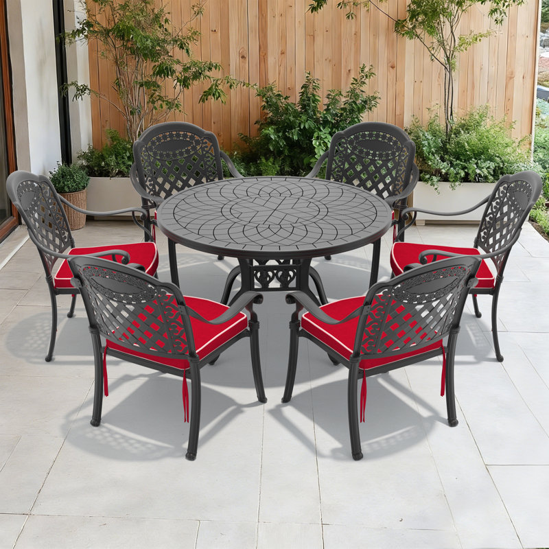 Ensemble de 7 pièces de mobilier de patio en aluminium coulé avec cadre noir et coussins de siège rouges