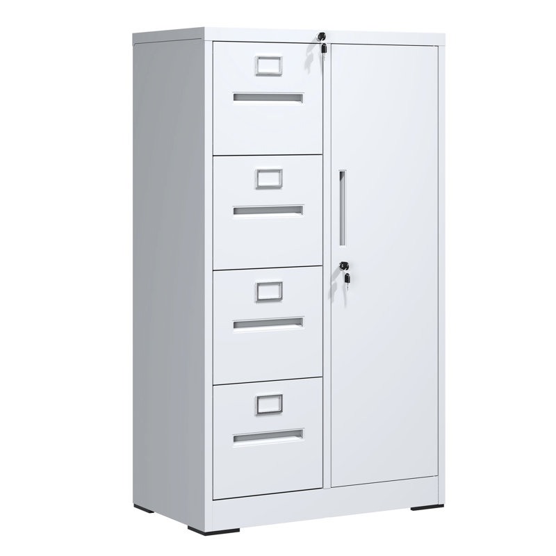 Panthia Office - Suitable Vertical Metal File Cabinet In White With 4 Drawers And Lock Cold Rolled Steel, Adjustable Hanging, Clothing Storage