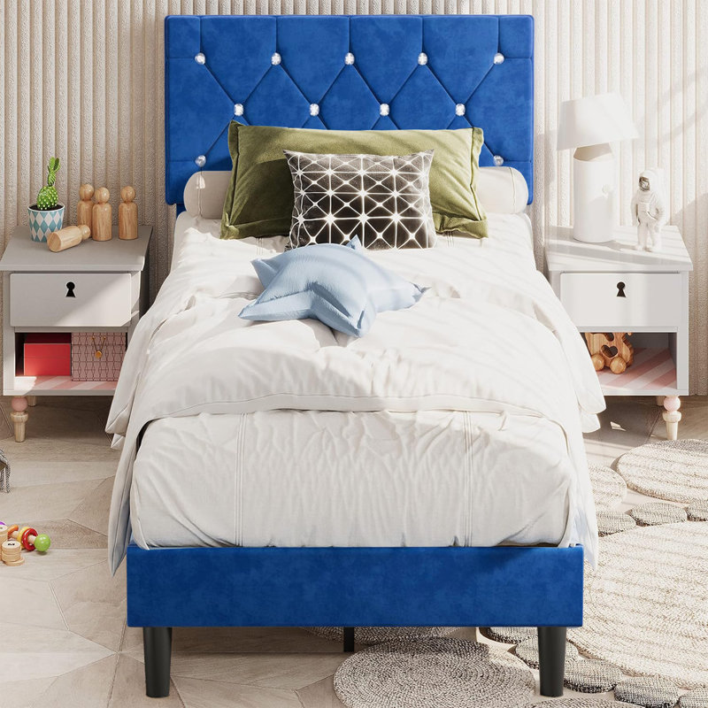 Blue Twin Size Velvet Upholstered Platform Bed Frame with Diamond Tufted Headboard, No Box Spring Needed, Twin, Blue
