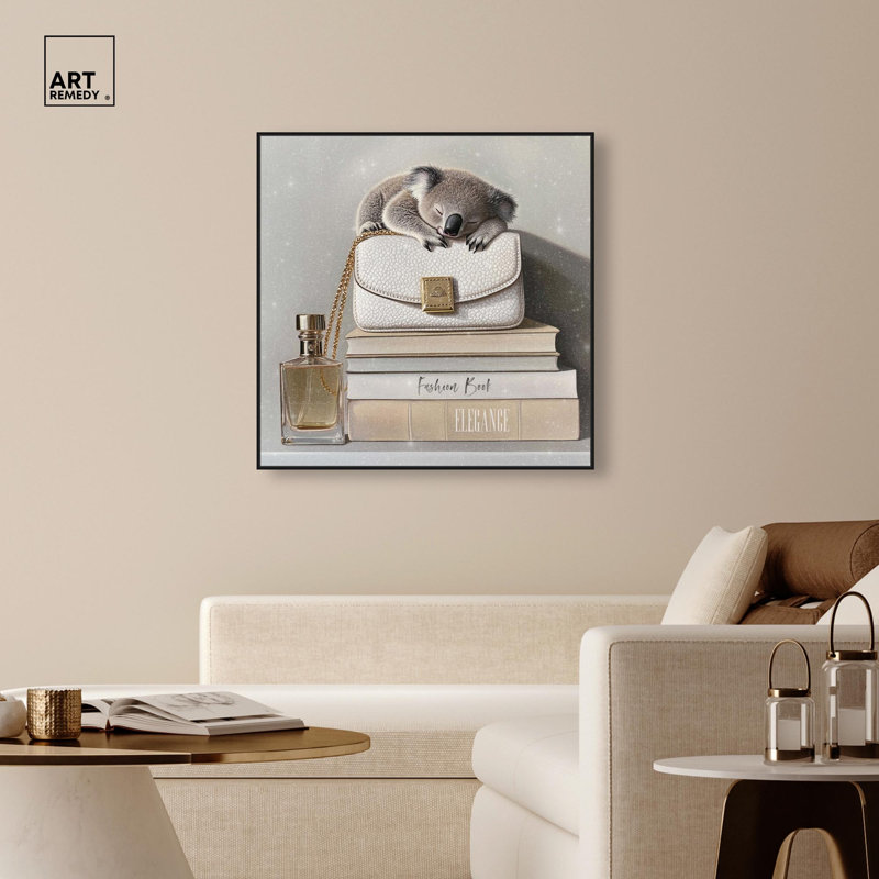 Koala sur livres de mode, impressions sur toile par Art Remedy, H 41 po x l 41 po, Cadre flottant, Noir